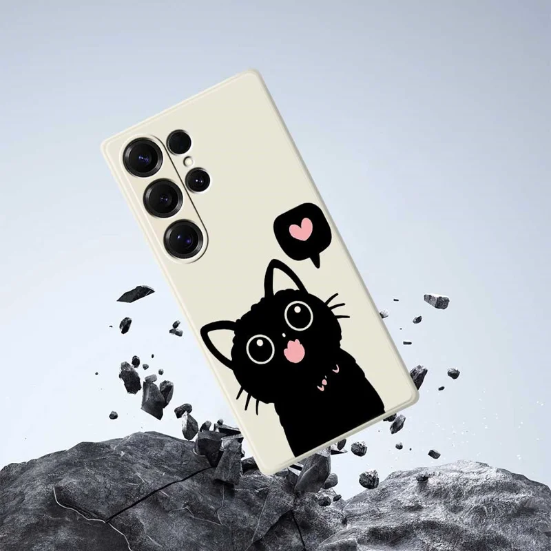 For Samsung Galaxy S26 Ultra Case Love Black Cat Pattern Printing Straight Edge TPU Phone Back Cover - Beige