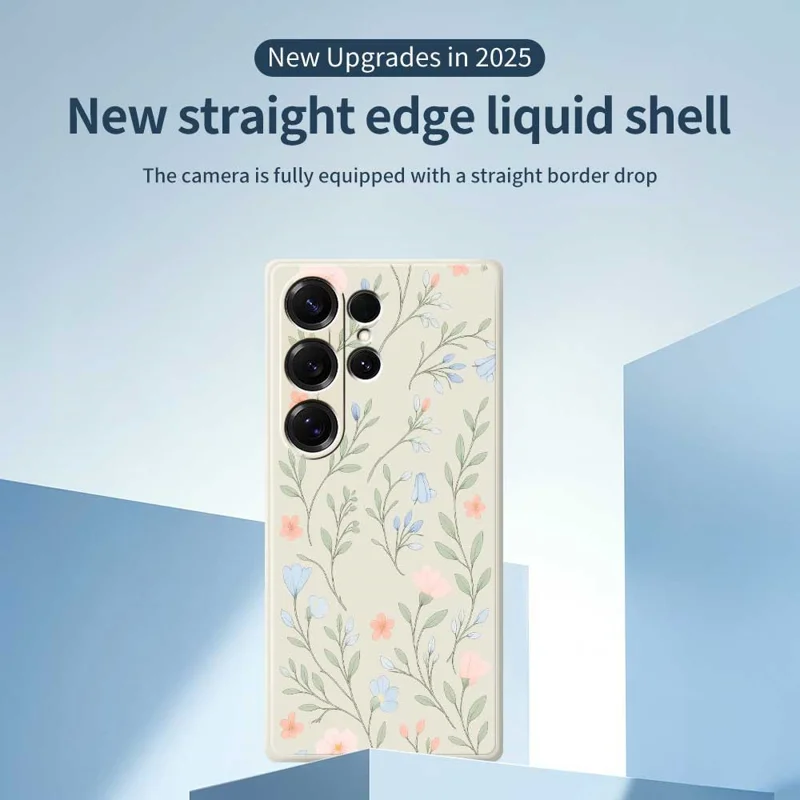 For Samsung Galaxy S26 Ultra Case Pink Blue Flowers Pattern Printing Straight Edge TPU Phone Back Cover - Beige