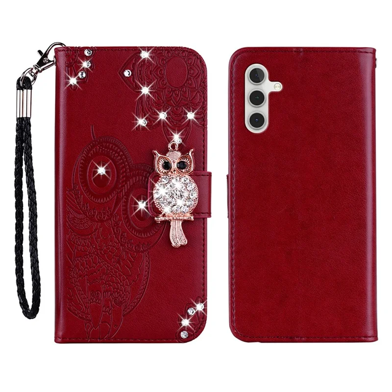 For Samsung Galaxy A37 5G Wallet Case Owl Flower Imprinted Rhinestone Leather Cover with Wrist Strap - Red