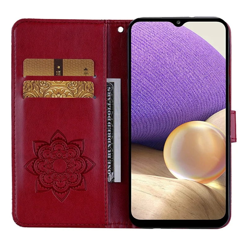 For Samsung Galaxy A37 5G Wallet Case Owl Flower Imprinted Rhinestone Leather Cover with Wrist Strap - Red