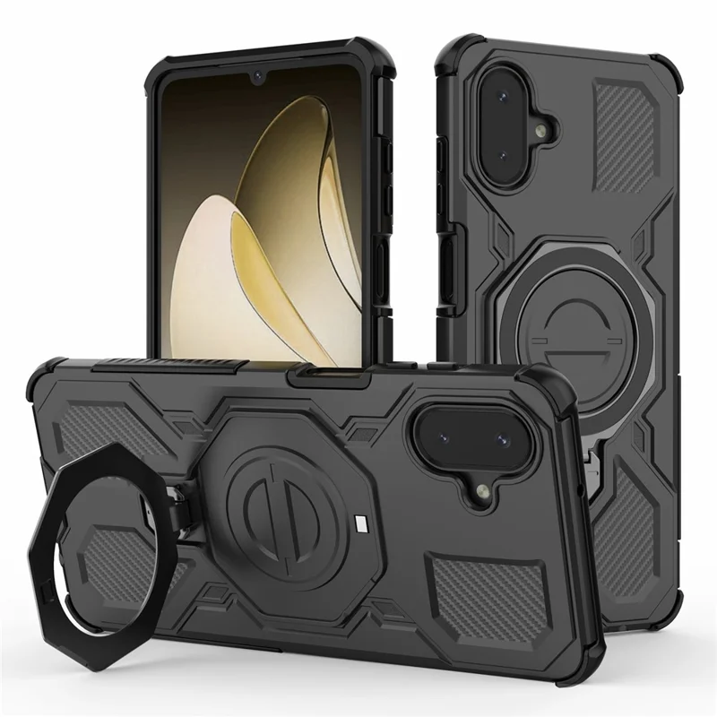 For Samsung Galaxy A07 5G / A07 4G Magnetic Case Rotating Metal Kickstand Shockproof PC + TPU Phone Back Cover - Black