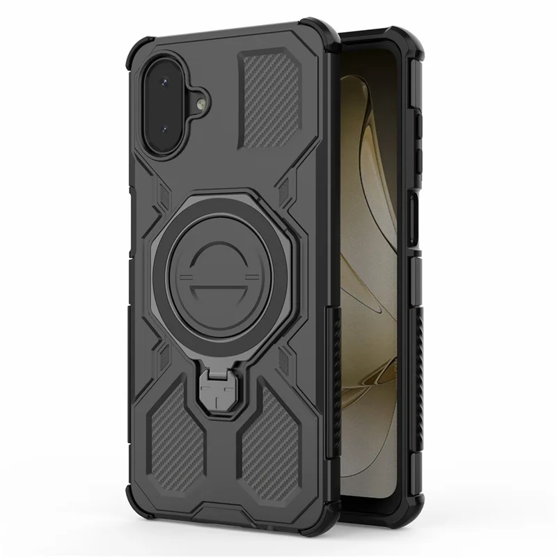 For Samsung Galaxy A07 5G / A07 4G Magnetic Case Rotating Metal Kickstand Shockproof PC + TPU Phone Back Cover - Black
