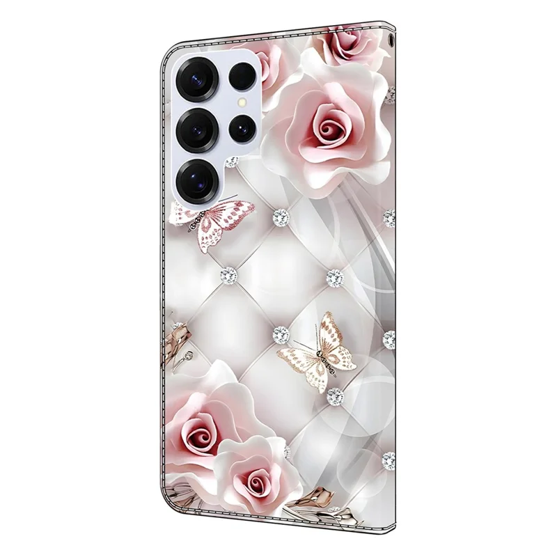 Voor Samsung Galaxy S26 Ultra Leren Hoesje met Patroonprint Portemonnee Staander Antivalt Hoesje - Roze Vlinder