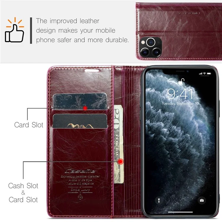 Série CASEME 003 Pour Iphone 11 Pro Max 6,5 Pouces Bien Protégé en Cuir PU Rétro Retro Texture Texture Case de Téléphone Portable Couverture de Téléphone Portable - Rouge