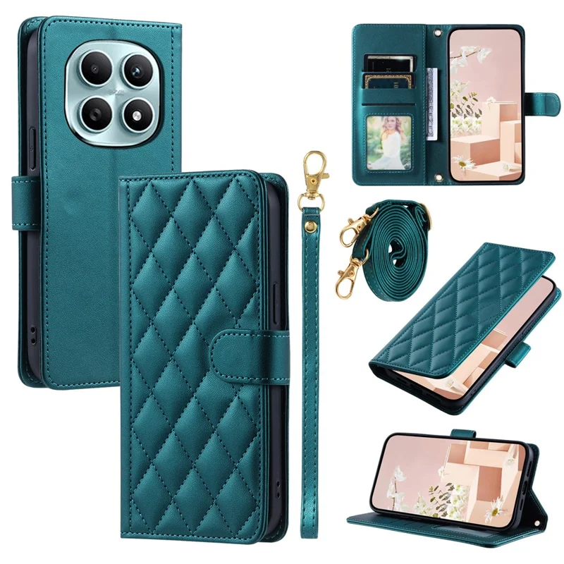 PU Leather Case for Xiaomi Redmi Note 15 5G (Global) / 15 4G (Global) / Poco M8 5G Wallet Rhombus Grid Phone Cover with Shoulder Strap  /  Wrist Strap - Green