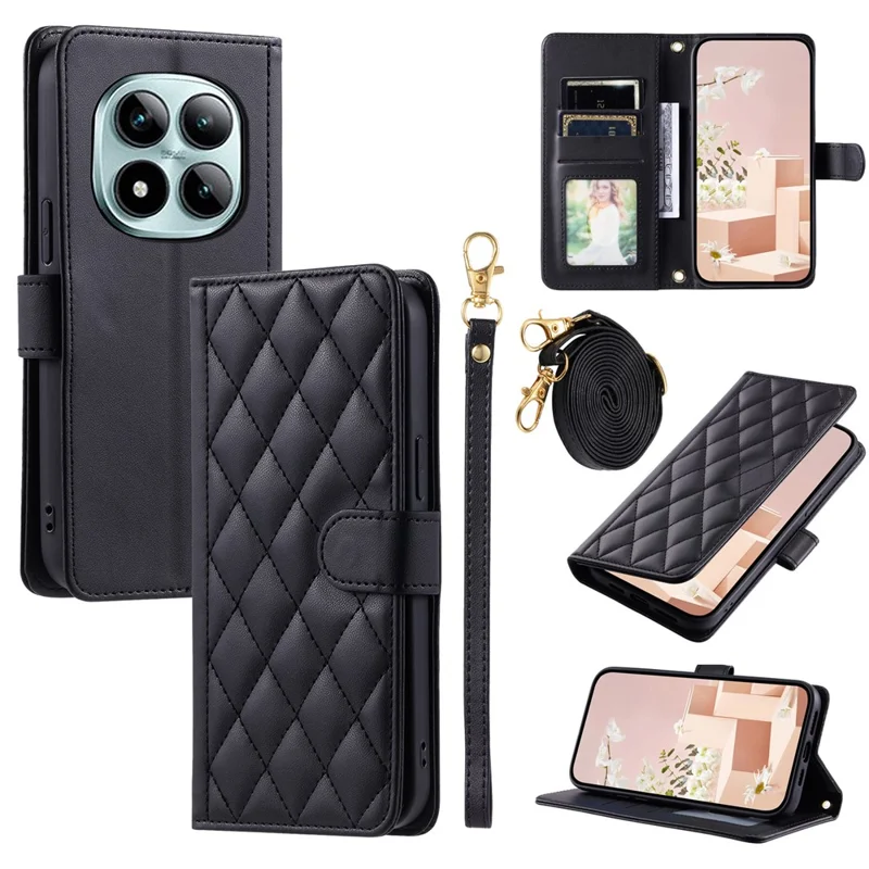 For Xiaomi Redmi Note 15 Pro 5G (Global) Case Wallet Rhombus Grid PU Leather Phone Cover with Shoulder Strap  /  Wrist Strap - Black