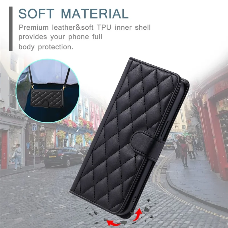 For Xiaomi Redmi Note 15 Pro 5G (Global) Case Wallet Rhombus Grid PU Leather Phone Cover with Shoulder Strap  /  Wrist Strap - Black