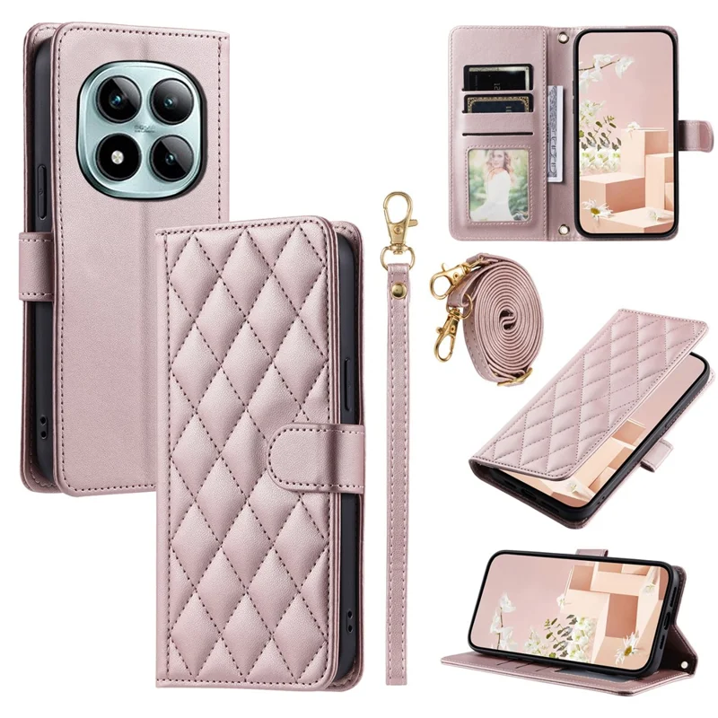 For Xiaomi Redmi Note 15 Pro 4G (Global) Case Wallet Rhombus Grid PU Leather Phone Cover with Shoulder Strap  /  Wrist Strap - Rose Gold