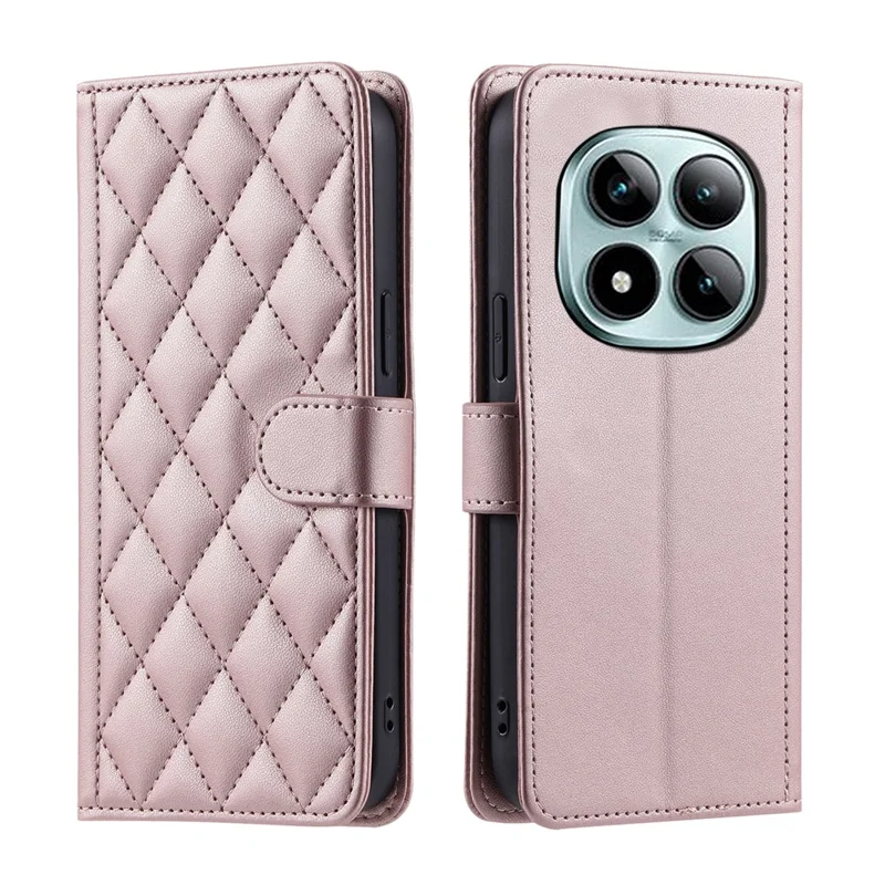 For Xiaomi Redmi Note 15 Pro 4G (Global) Case Wallet Rhombus Grid PU Leather Phone Cover with Shoulder Strap  /  Wrist Strap - Rose Gold
