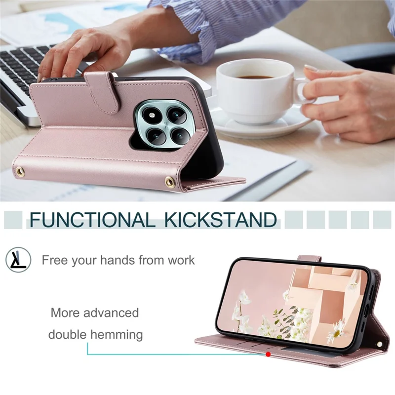 For Xiaomi Redmi Note 15 Pro 4G (Global) Case Wallet Rhombus Grid PU Leather Phone Cover with Shoulder Strap  /  Wrist Strap - Rose Gold