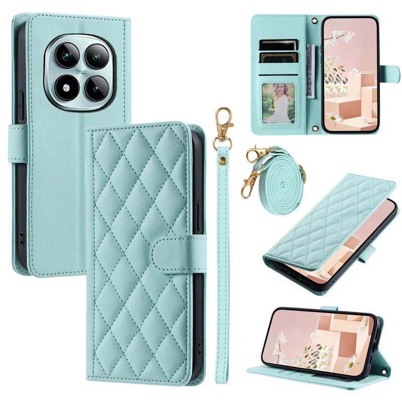 For Xiaomi Redmi Note 15 Pro+ 5G (Global) / Poco M8 Pro 5G Case Wallet Rhombus Grid PU Leather Phone Cover with Shoulder Strap  /  Wrist Strap - Mint Green
