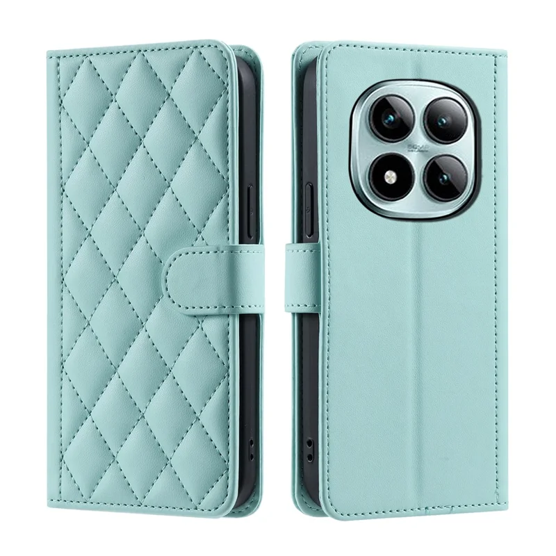 For Xiaomi Redmi Note 15 Pro+ 5G (Global) / Poco M8 Pro 5G Case Wallet Rhombus Grid PU Leather Phone Cover with Shoulder Strap  /  Wrist Strap - Mint Green