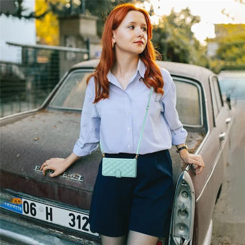 For Xiaomi Redmi Note 15 Pro+ 5G (Global) / Poco M8 Pro 5G Case Wallet Rhombus Grid PU Leather Phone Cover with Shoulder Strap  /  Wrist Strap - Mint Green