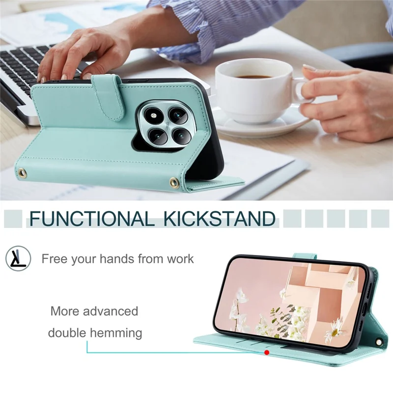 For Xiaomi Redmi Note 15 Pro+ 5G (Global) / Poco M8 Pro 5G Case Wallet Rhombus Grid PU Leather Phone Cover with Shoulder Strap  /  Wrist Strap - Mint Green