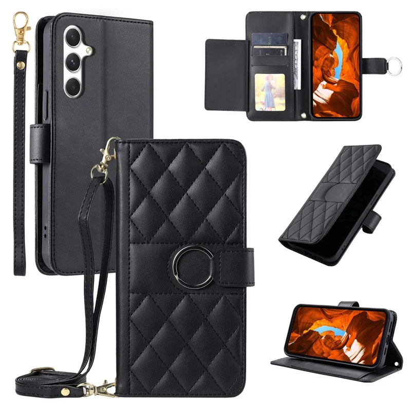 For Samsung Galaxy S26 Case Ring Buckle Wallet Stand Rhombus Crossbody Leather Mobile Cover - Black