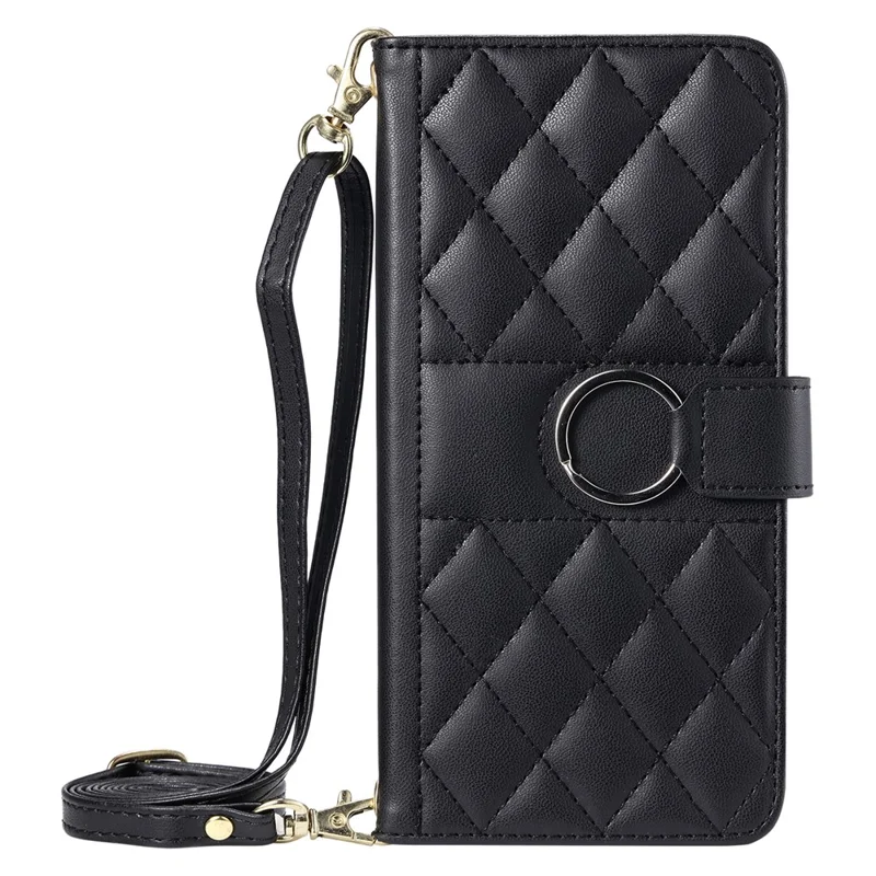 For Samsung Galaxy S26 Case Ring Buckle Wallet Stand Rhombus Crossbody Leather Mobile Cover - Black