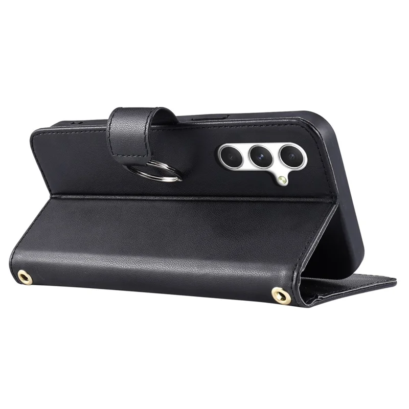 For Samsung Galaxy S26 Case Ring Buckle Wallet Stand Rhombus Crossbody Leather Mobile Cover - Black