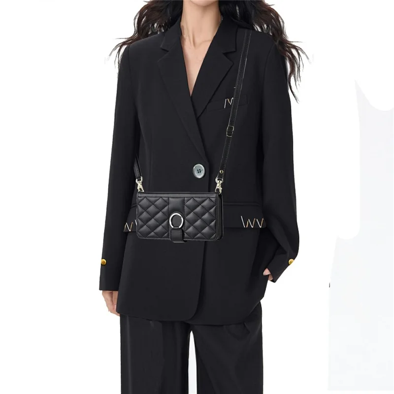 For Samsung Galaxy A37 5G Case Ring Buckle Wallet Stand Rhombus Crossbody Leather Mobile Cover - Black