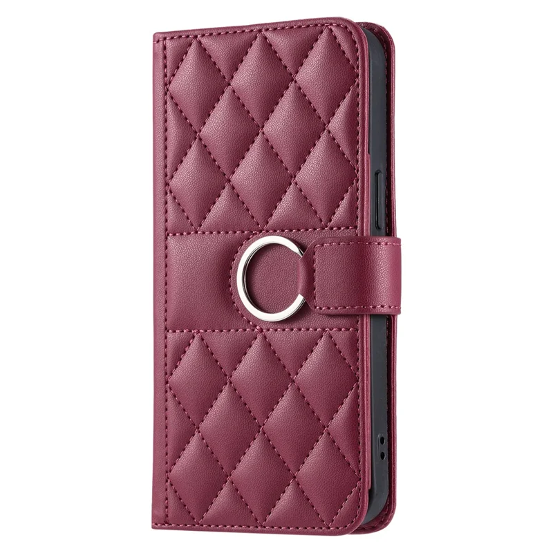 Crossbody Leather Case for Xiaomi Redmi Note 15 5G (Global) / 15 4G (Global) / Poco M8 5G Ring Buckle Wallet Stand Rhombus Mobile Cover - Red