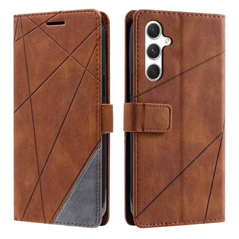 For Samsung Galaxy S26+ Case Imprinted Lines PU Leather Splicing Wallet Phone Cover - Brown