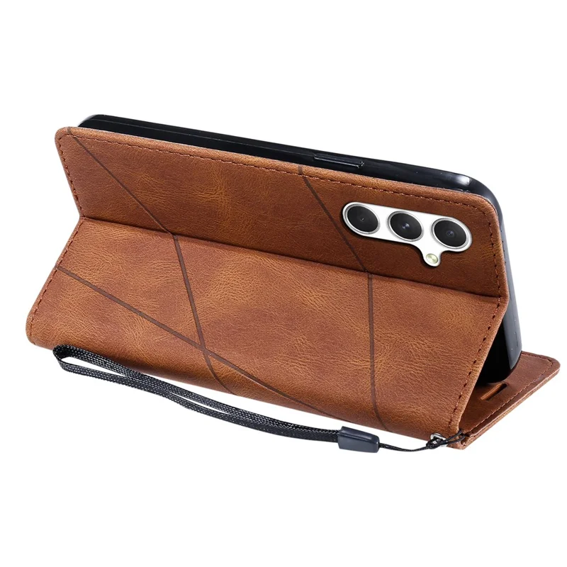 For Samsung Galaxy S26+ Case Imprinted Lines PU Leather Splicing Wallet Phone Cover - Brown