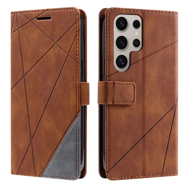For Samsung Galaxy S26 Ultra Case Imprinted Lines PU Leather Splicing Wallet Phone Cover - Brown
