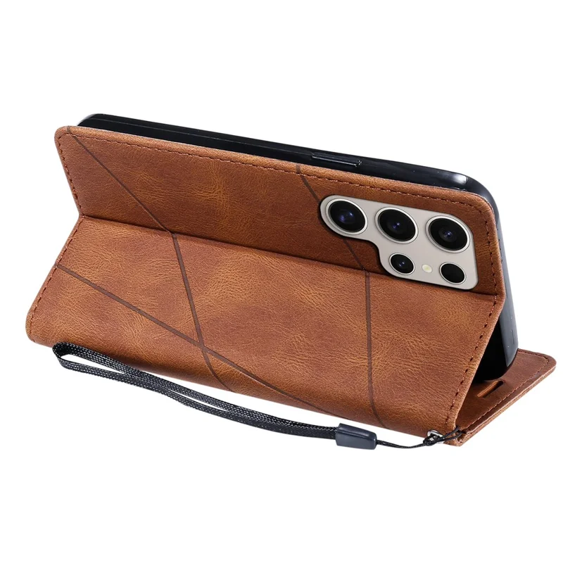 For Samsung Galaxy S26 Ultra Case Imprinted Lines PU Leather Splicing Wallet Phone Cover - Brown