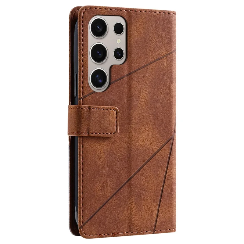 For Samsung Galaxy S26 Ultra Case Imprinted Lines PU Leather Splicing Wallet Phone Cover - Brown