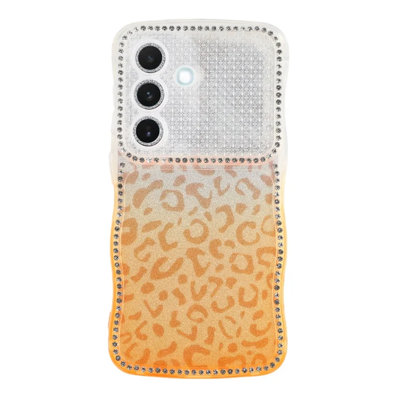 For Samsung Galaxy S26  /  S26 Pro Case Rhinestone Decor Wave Frame TPU Phone Cover with Leopard Print Glitter Card  /  Lens Film - Gradient Orange