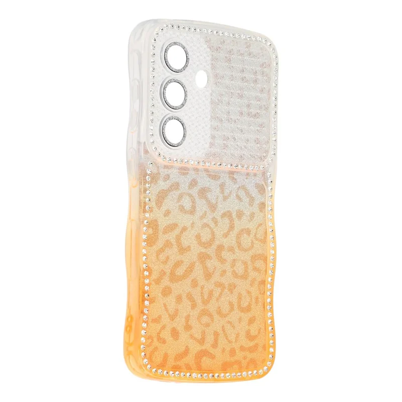 For Samsung Galaxy S26  /  S26 Pro Case Rhinestone Decor Wave Frame TPU Phone Cover with Leopard Print Glitter Card  /  Lens Film - Gradient Orange