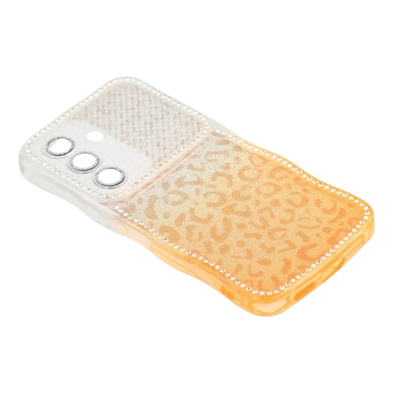 For Samsung Galaxy S26  /  S26 Pro Case Rhinestone Decor Wave Frame TPU Phone Cover with Leopard Print Glitter Card  /  Lens Film - Gradient Orange