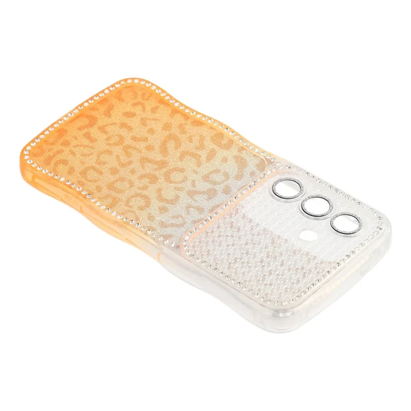 For Samsung Galaxy S26  /  S26 Pro Case Rhinestone Decor Wave Frame TPU Phone Cover with Leopard Print Glitter Card  /  Lens Film - Gradient Orange