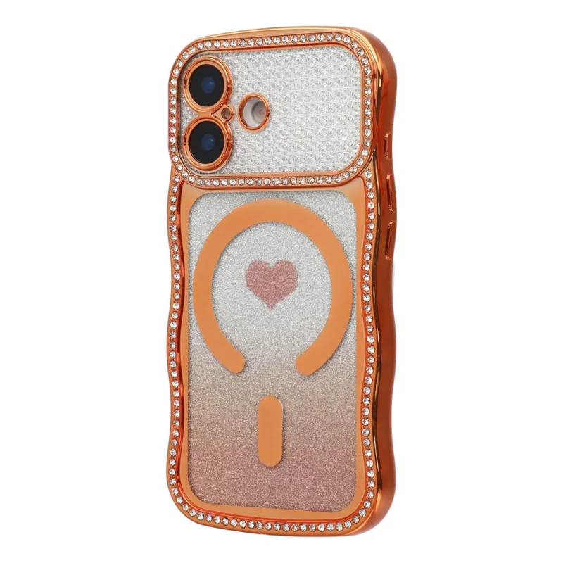 For iPhone 17 Magnetic Case Electroplated Wave Frame Rhinestone Decor TPU PC Phone Cover with Love Glitter Paper - Orange