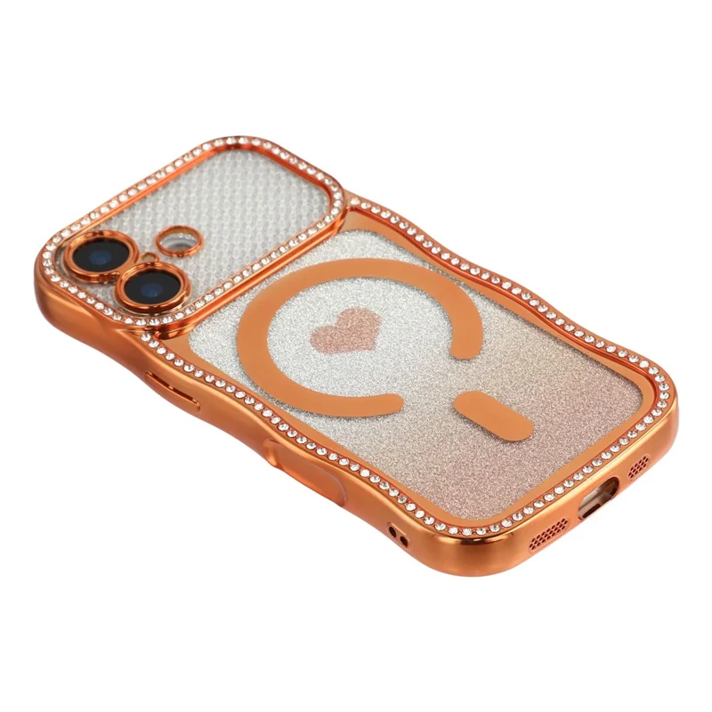 For iPhone 17 Magnetic Case Electroplated Wave Frame Rhinestone Decor TPU PC Phone Cover with Love Glitter Paper - Orange