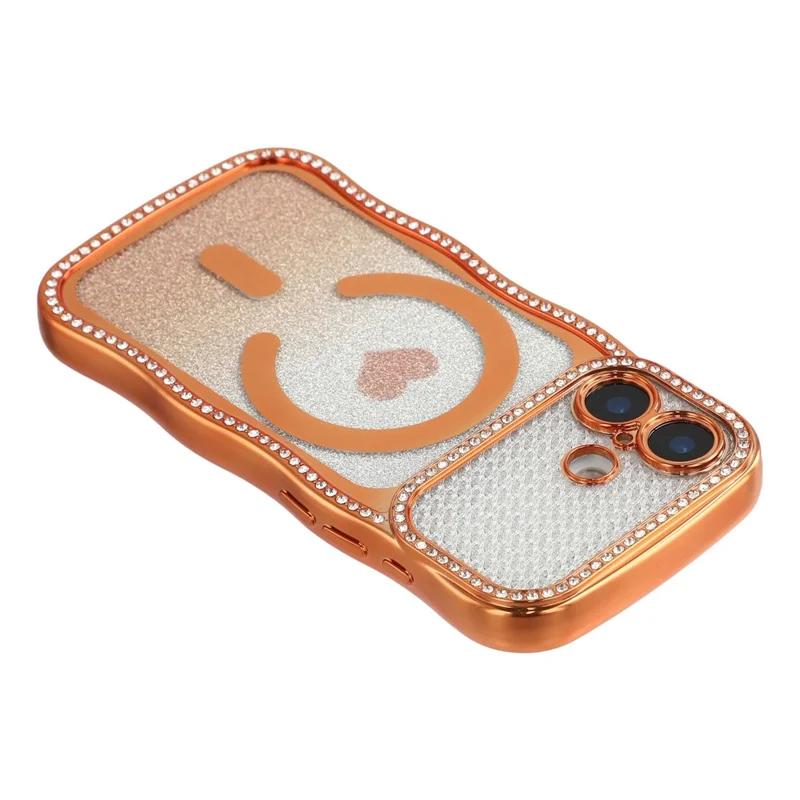 For iPhone 17 Magnetic Case Electroplated Wave Frame Rhinestone Decor TPU PC Phone Cover with Love Glitter Paper - Orange