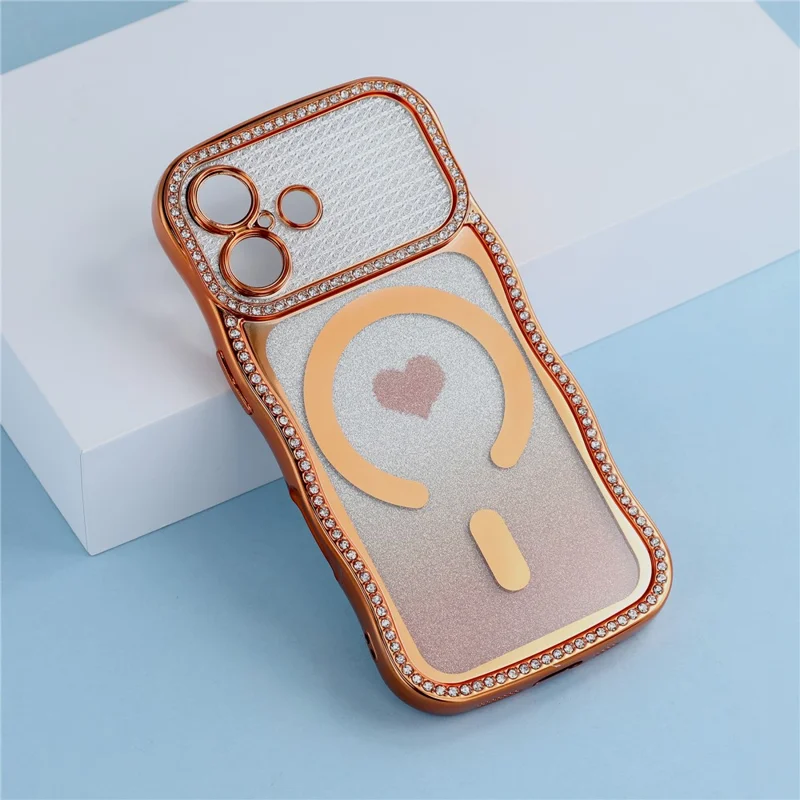For iPhone 17 Magnetic Case Electroplated Wave Frame Rhinestone Decor TPU PC Phone Cover with Love Glitter Paper - Orange