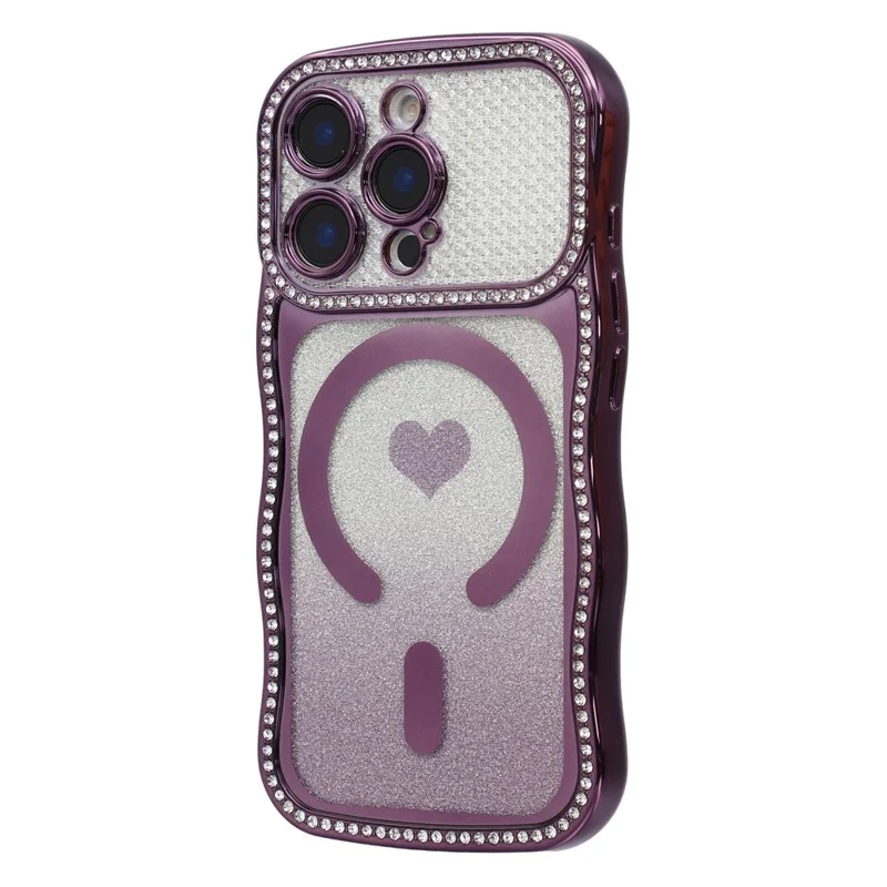 For iPhone 16 Pro Magnetic Case Electroplated Wave Frame Rhinestone Decor TPU PC Phone Cover with Love Glitter Paper - Purple