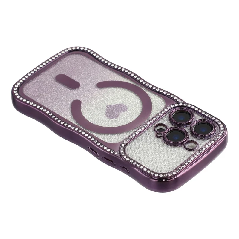 For iPhone 16 Pro Magnetic Case Electroplated Wave Frame Rhinestone Decor TPU PC Phone Cover with Love Glitter Paper - Purple