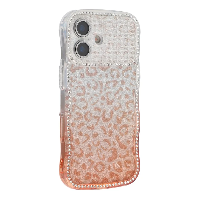 For iPhone 17 Case Rhinestone Decor Wave Frame TPU Phone Cover with Leopard Print Glitter Card  /  Lens Film - Gradient Brown