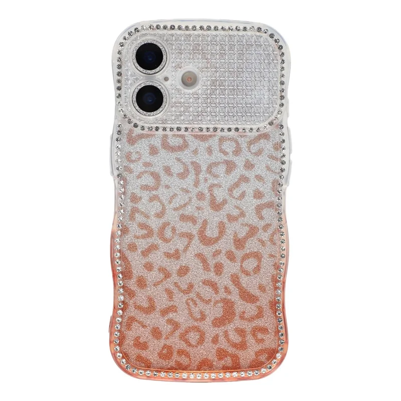 For iPhone 17 Case Rhinestone Decor Wave Frame TPU Phone Cover with Leopard Print Glitter Card  /  Lens Film - Gradient Brown