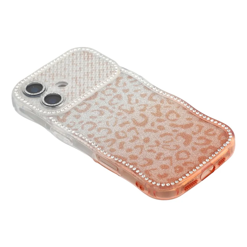For iPhone 17 Case Rhinestone Decor Wave Frame TPU Phone Cover with Leopard Print Glitter Card  /  Lens Film - Gradient Brown