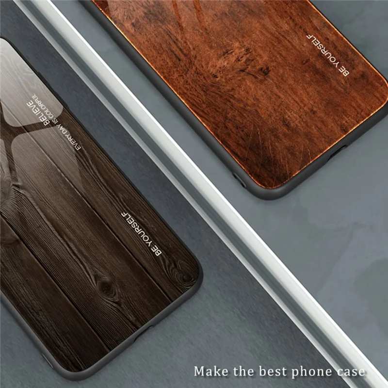 For Samsung Galaxy S26 Ultra Case TPU + Tempered Glass Back Phone Cover Wood Texture - Black