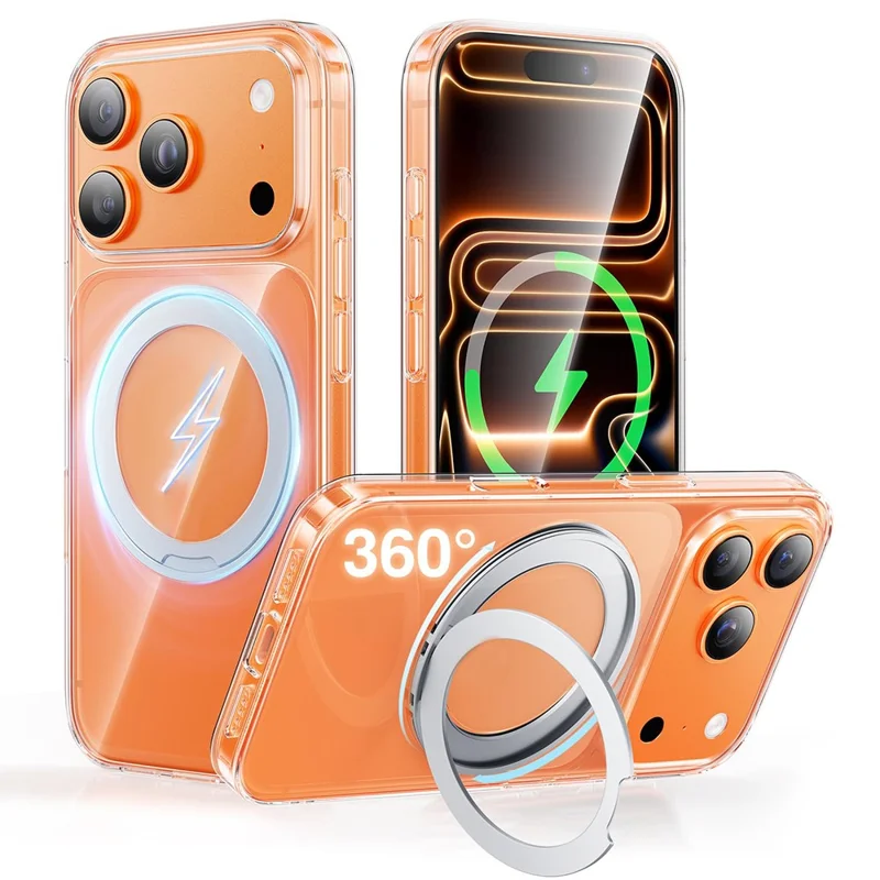 SMARTDEVIL For iPhone 17 Pro Max Magnetic Case Rotating Kickstand Soft TPU + Hard PC Phone Cover Compatible with MagSafe - Transparent