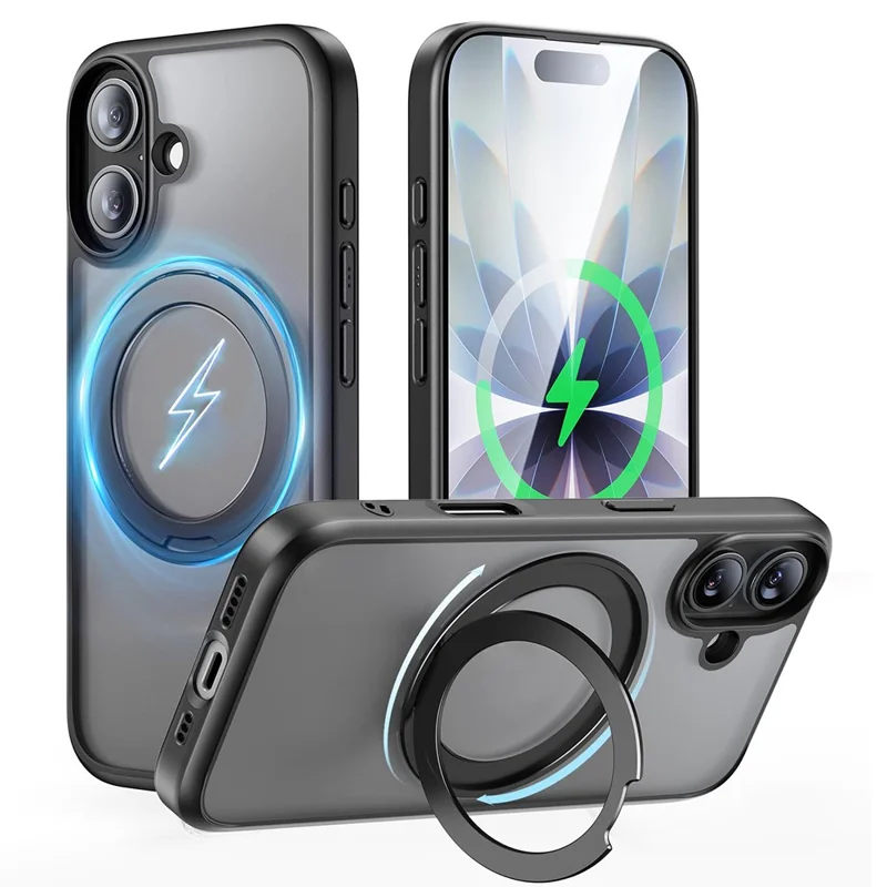 SMARTDEVIL For iPhone 17 Magnetic Case Rotating Kickstand Soft TPU + Hard PC Phone Cover Compatible with MagSafe - Black