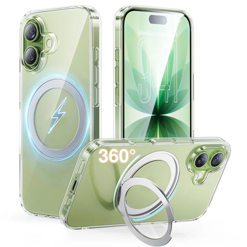 SMARTDEVIL For iPhone 16 Magnetic Case Rotating Kickstand Soft TPU + Hard PC Phone Cover Compatible with MagSafe - Transparent