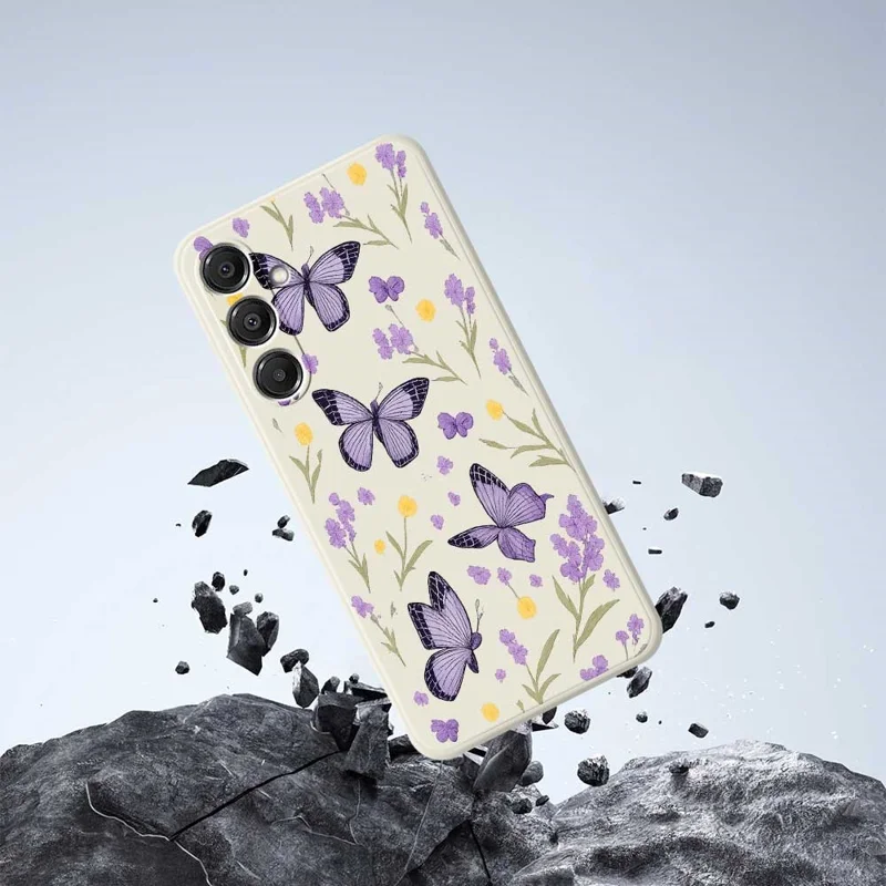 For Samsung Galaxy S26 Case Purple Butterflies Pattern Printing Straight Edge TPU Phone Back Cover - Beige