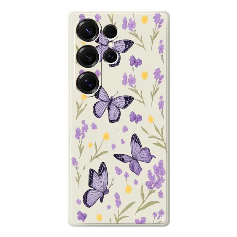 For Samsung Galaxy S26 Ultra Case Purple Butterflies Pattern Printing Straight Edge TPU Phone Back Cover - Beige