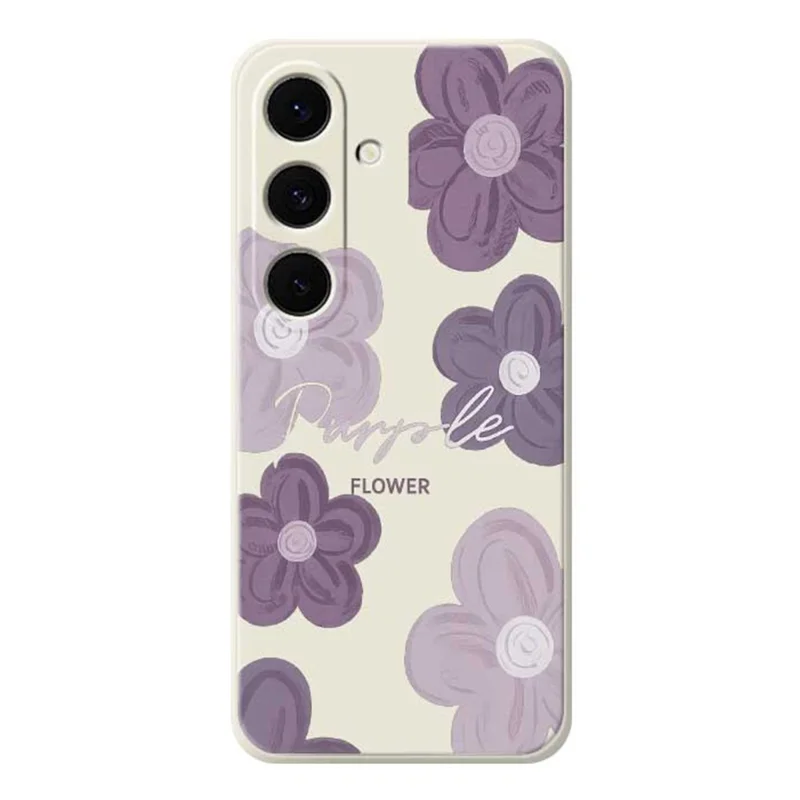 For Samsung Galaxy S26 Case Purple Flower Pattern Printing Straight Edge TPU Phone Back Cover - Beige