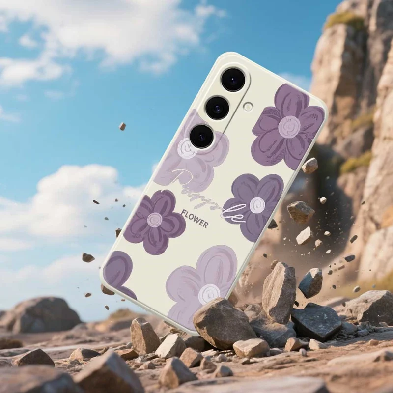 For Samsung Galaxy S26 Case Purple Flower Pattern Printing Straight Edge TPU Phone Back Cover - Beige