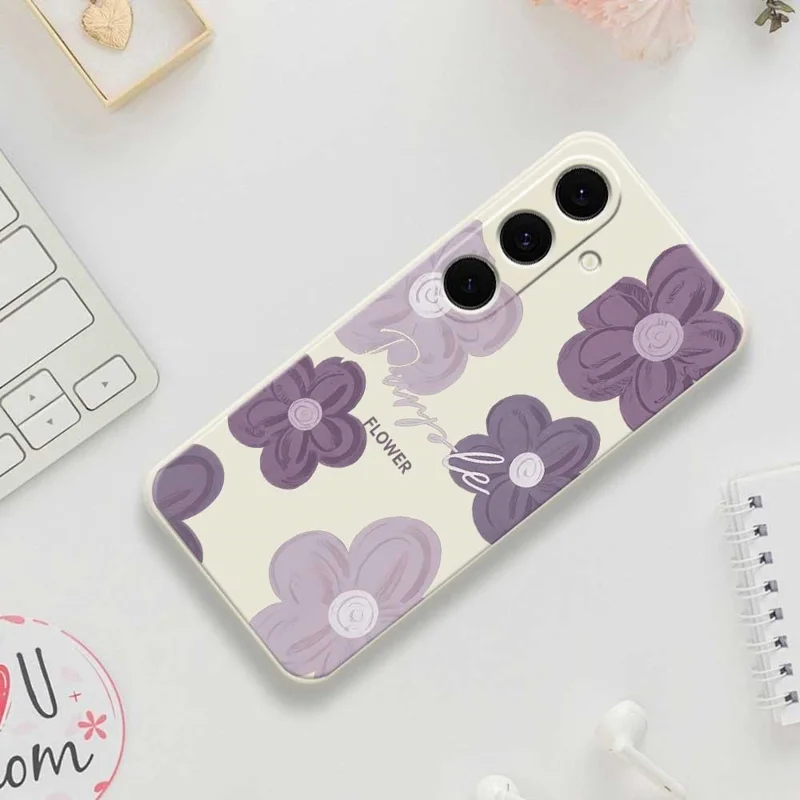 For Samsung Galaxy S26 Case Purple Flower Pattern Printing Straight Edge TPU Phone Back Cover - Beige